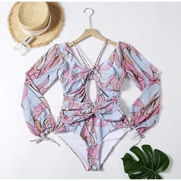 Boho Floral LongβSleeve Cutout Swimsuit Blue Pink One piece β Medium - Picture 5 of 11